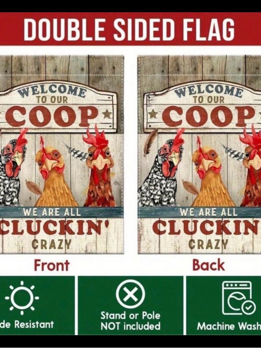 Welcome to Our Coop Double-Sided Garden Flag - Red/Yellow Chickens